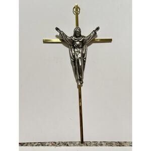 Vintage Brass Crucifix Wall Cross Silver Toned Christ Figure Catholic Religious